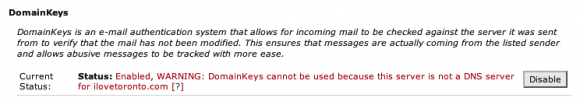 warning domainkeys cannot be used because this server is not a dns server