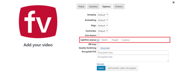 Lightbox parameters in FV Player's shortcode editor