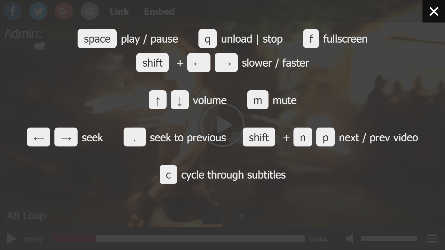 FV Player's keyboard shortcuts