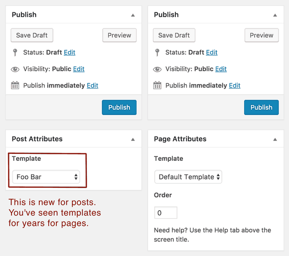 new WordPress post-attributes allow template options