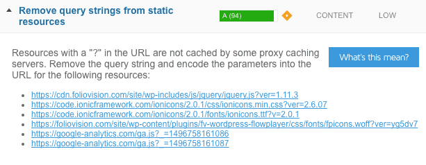 Resources with a "?" in the URL are not cached by some proxy caching servers. Remove the query string and encode the parameters into the URL for the following resources: