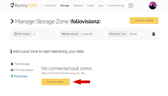Adding a new Pull Zone linked to storage in BunnyCDN
