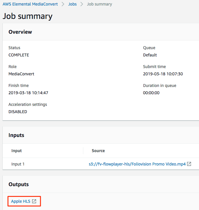 Job Summary screen, with link to output folder.
