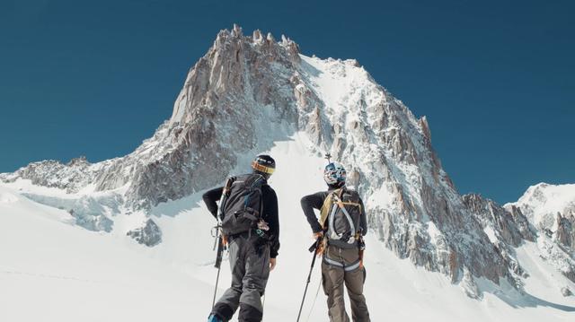 Free skiers under the peak of Chamonix, France