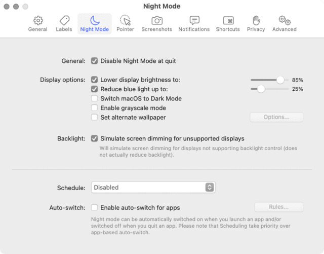 JibApps Displays night preferences