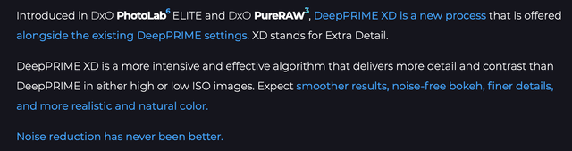 Screenshot of DxO Marketing claims for DeepPrime XD