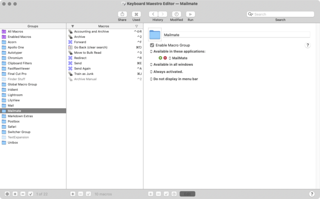 screenshot of Keyboard Maestro shortcuts interface set up for Mailmate